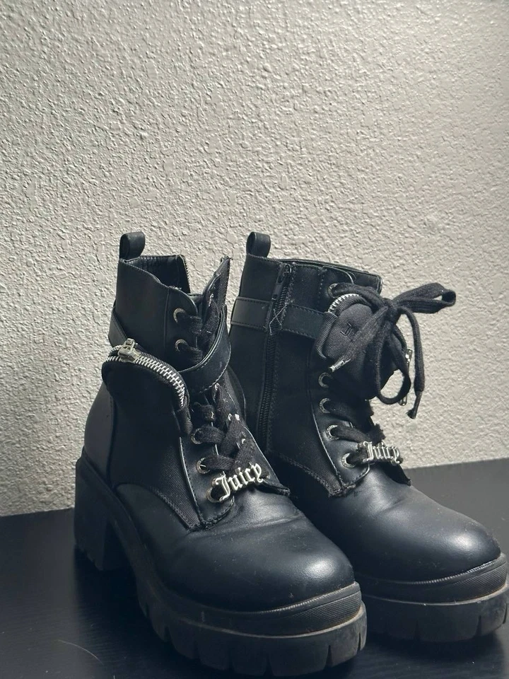 JUICY COUTURE Para Mujer Quentin Negro Combate Motociclista Cremallera Lateral Con Cordones Us Talla 7.5 Foto 3 de 4