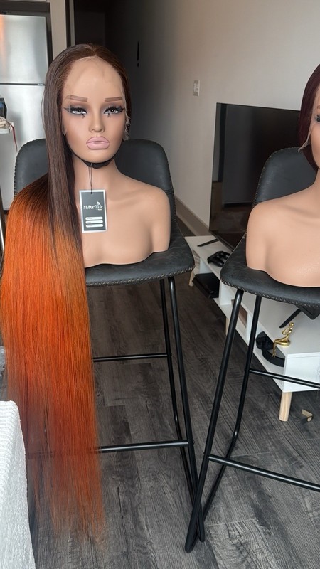 HD Lace Front Human Hair Straight Wig Brown/Auburn Ombre 40in 13*6