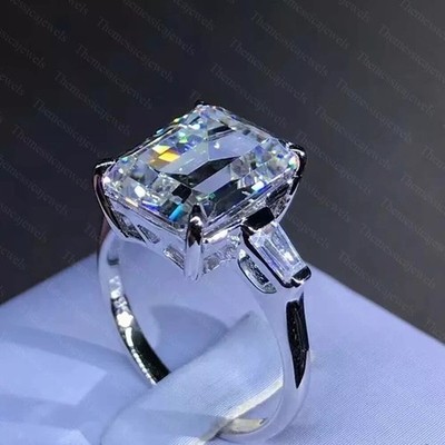 6.95Ctw Emerald Cut Moissanite Three Stone Engagement Ring 14K White Gold Plated