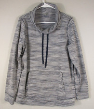 T by Talbots Womens Cowl Neck Hoodie Top Long Sleeve Pockets Size L Blue/White