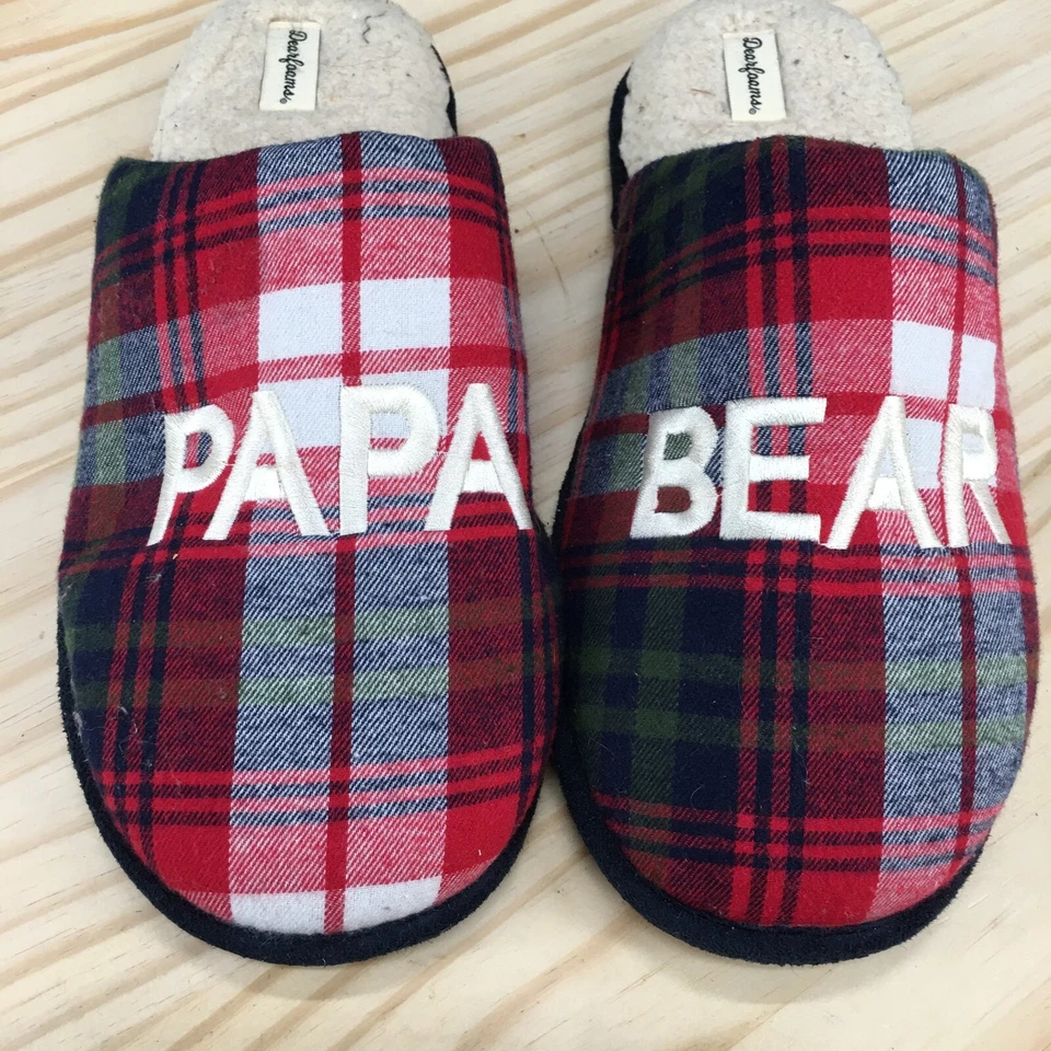 Zapatillas Dearfoams Para Hombre XL13-14 Papá Oso Sin Cordones Forradas a Cuadros Mula Planas Rojo Foto 3 de 4