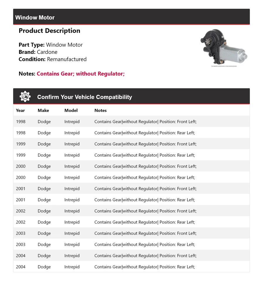 Para Dodge Intrepid 1998-2004 Ventana Motor Cardone 1999 2000 2001 2002 2003 Foto 2 de 4
