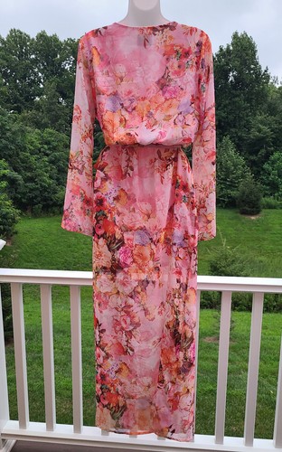 ECI pink Floral v-neck chiffon Maxi long sleeves pink belted Dress New 6-S-M - Picture 6 of 21