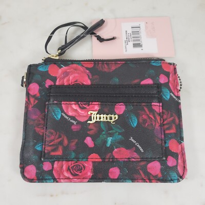 JUICY COUTURE Gothic Stat Wallet Black Multi Rose *Missing Wrist Strap*6''x 4.5''