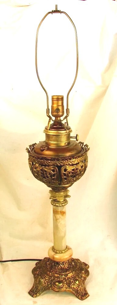 MANHATTAN BRASS OIL LAMP ONYX EXCELSIOR c.1870 ELECTRIFIED