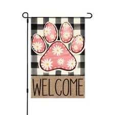  NEW ADORABLE  PINK DAISY DOG PAW  WELCOME GARDEN FLAG  12X18