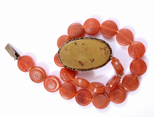 Collier ras du cou pendentif perles shou sculptées cornaline agate chinoise 1930 - Photo 4 sur 6