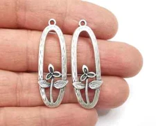 2 Pieces Flower Leaf Oval Charms Antique Silver Plated jewelry Accessories