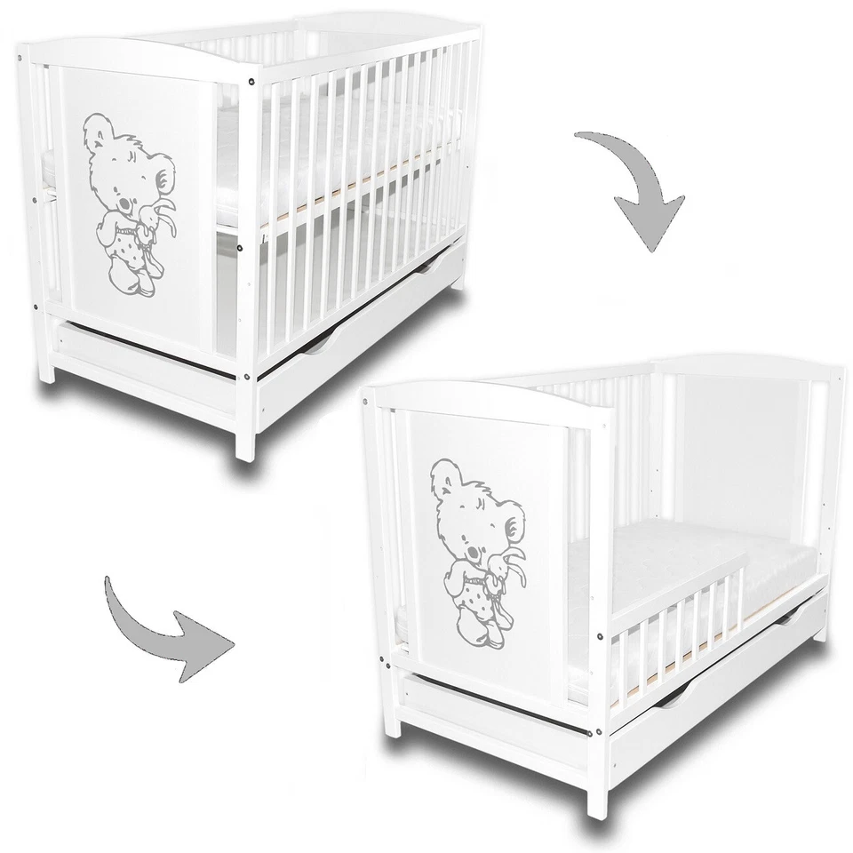 Babybett Gitterbett 2in1 Teddybär mit Hase Weiß + Schublade Bettlaken  Matratze - Bild 2 von 4