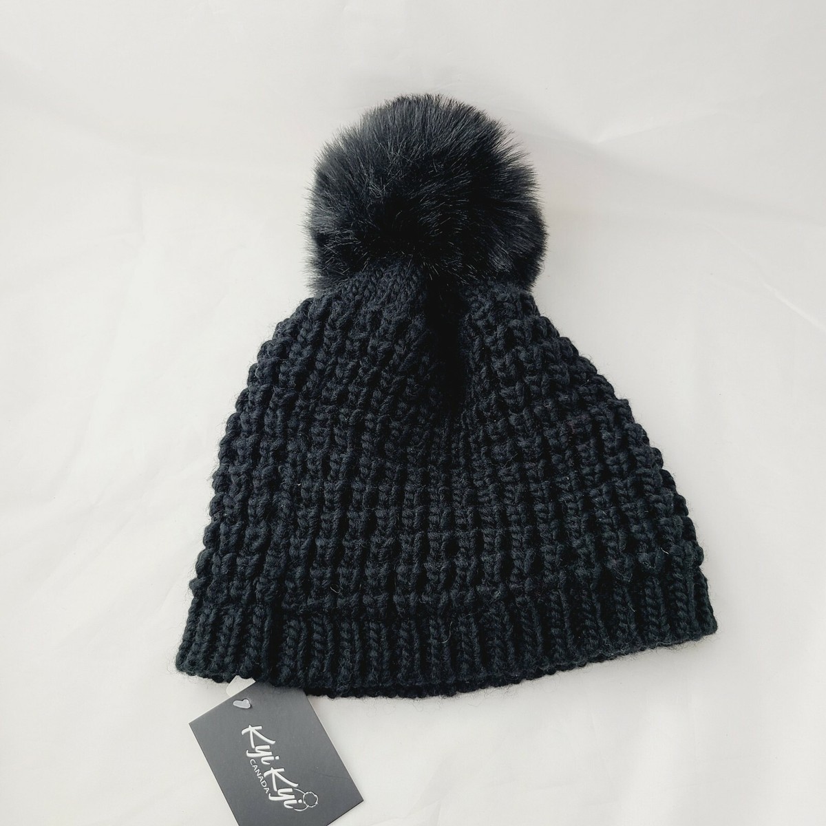 Kyi Kyi Fox Fur Pom Pom Beanie Black Waffle Knit Wool Blend Hat Made in Canada Classic Fur Double Pom Beanie – Kyi Kyi main image 4