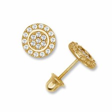 14K Yellow Gold Round CZ Flower Disc Screw Back Stud Birthstone Earrings