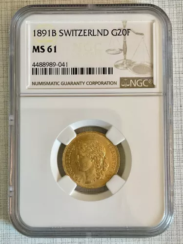 Switzerland 1891B 20 Francs Gold NGC MS61 SKU# 6643