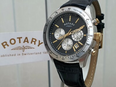 ROTARY Herrenuhr Datum Chronograph Tachymeter Schwarz Leder UVP 240£ Boxed 
