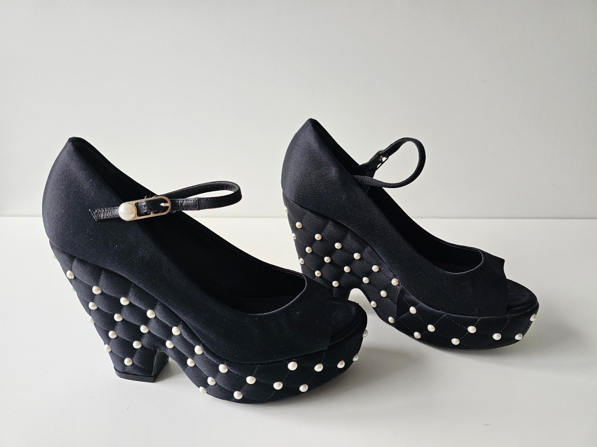 CHANEL Faux Pearl Quilted Black Satin Platform Wedge Sandals CHANEL Faux Pearl Quilted Black Satin Platform Wedge Sandals
