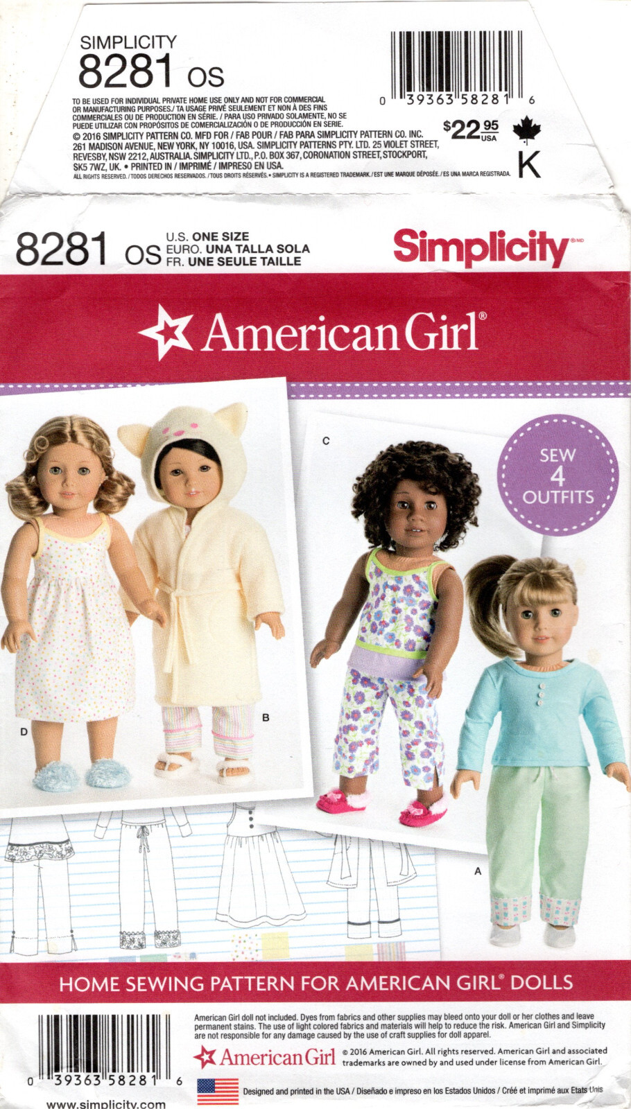 "18" Doll Clothes" &copy;2016 Simplicity American Girl Sewing Patterns # 8281 UNCUT