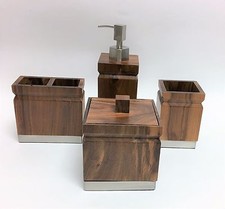 NEW 4 PC SET BROWN WOOD+SILVER METAL TRIM SOAP DISPENSER+JAR+TUMBLER+TOOTHBRUSH