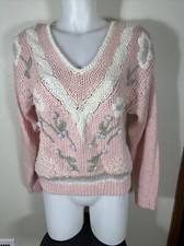 SML Sport Vintage Crochet Pink Sweater Small Hand Knit Pink Grandmacore VNeck