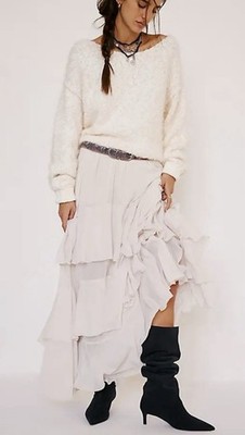 Free People Clementine Maxi Skirt Tiered Ruffled Lined Elastic Waist Ivory L NWT