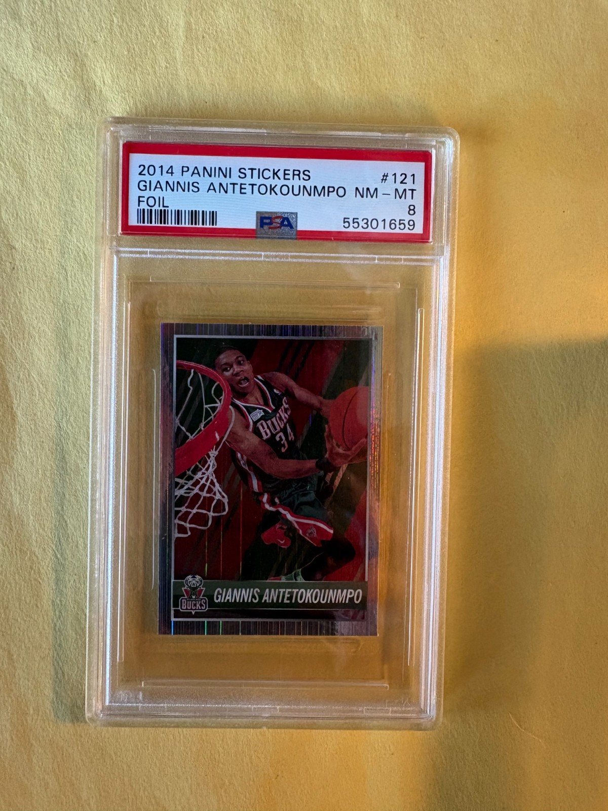 2014-15 Panini Stickers Giannis Antetokounmpo FOIL PSA 8 NM-MT #121 Parallel (59