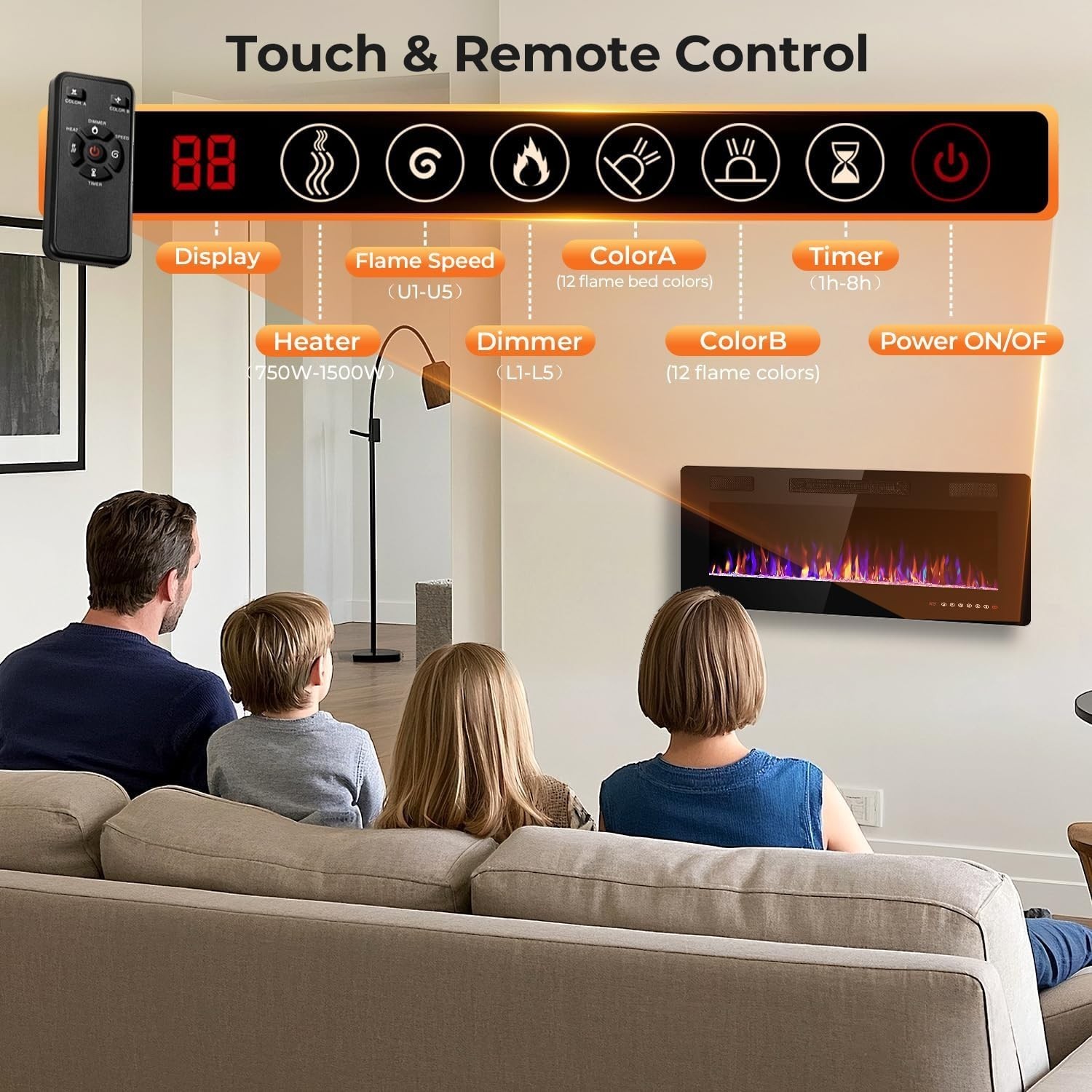36" Electric Fireplace Insert Recessed and Wall Mounted, 750/1500W Ultra-Thin El