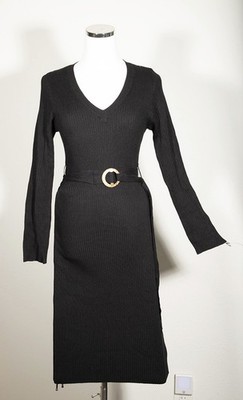 Black Bodycon Stretchy Career Spy Long Dress Long Sleeves Vintage Style L