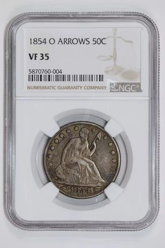 1854-O ARROWS SEATED LIBERTY HALF DOLLAR NGC VF35 PQ ORIGINAL COIN!