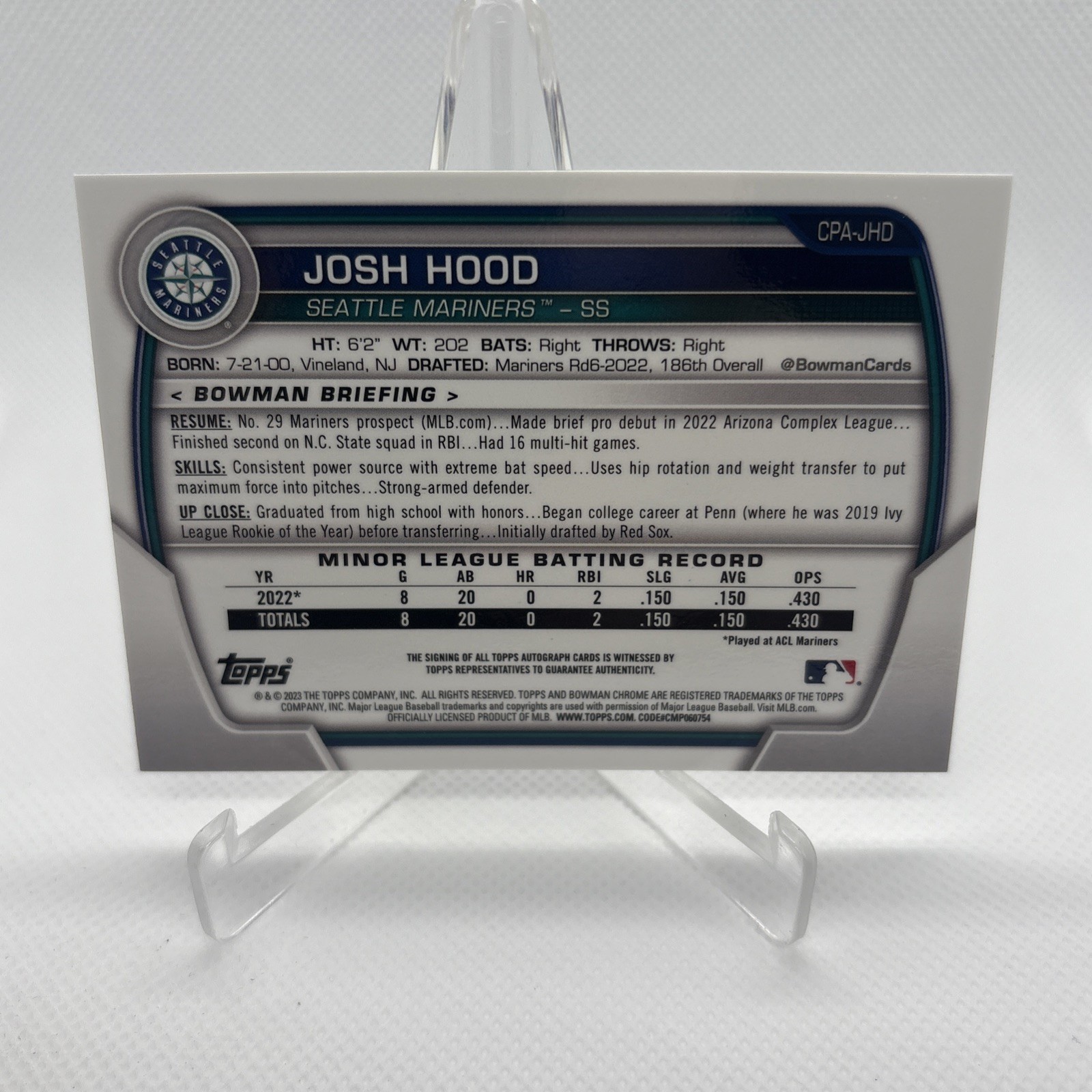 2023 Bowman Chrome Prospect Purple Refractor 44/250 Josh Hood #CPA-JHD Auto view 2