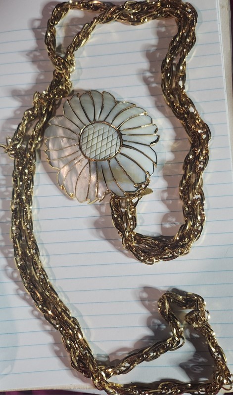 Monet 55" Shiny Gold Chain & Naural Carved Abalone Shell Flower Shape Pendant