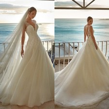 Boho Wedding Dresses V-Neck Sleeveless Applique Backless A-Line Bride Gown Train
