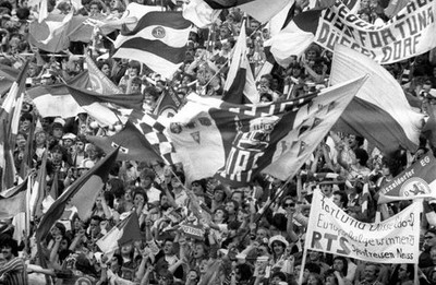 Dusseldorf Fortuna fans wave club flags trusses at St Jakob Stadiu- Old Photo 2