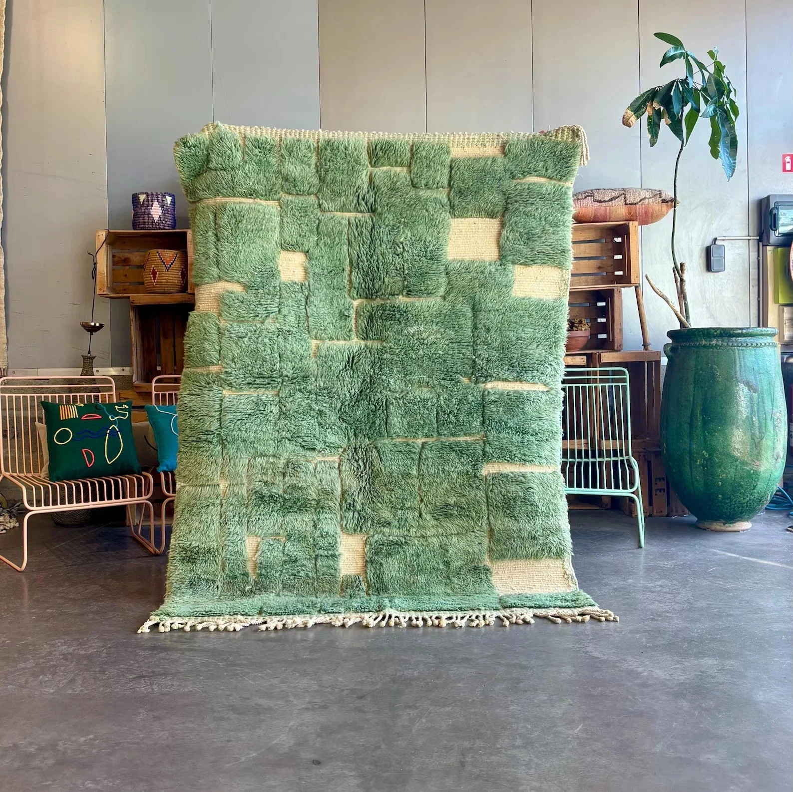 Luxury Moroccan Berber Ourain Wool Rug Color Green Handmade Design Carpet Rug