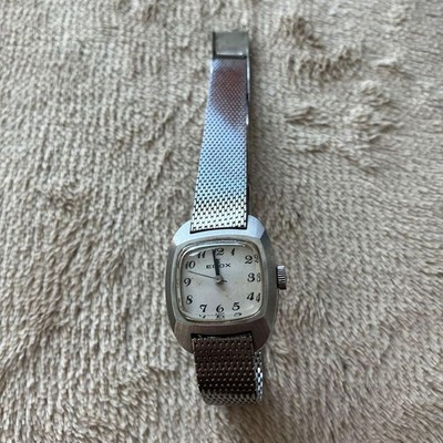 EDOX Square Manual Wind Watch White Dial Mesh Band Vintage Timepiece