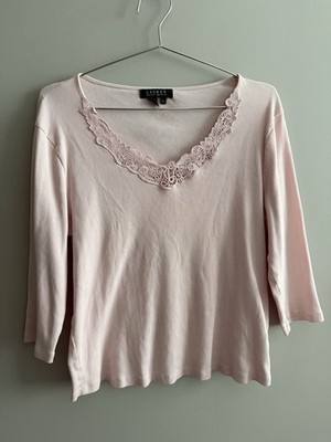 LAUREN Ralph Lauren Light Pink Lace Trim Top Size 1X Three Quarter Sleeve Preppy