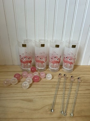 Curated MCM Set 4 PINK FLAMINGO  Vintage Glass Tumblers by Luminarc