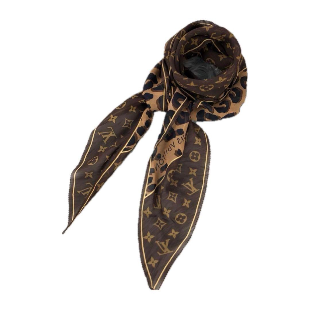 Louis Vuitton Monogram Leopard Print Scarf Brown Excellent Used Women No Box