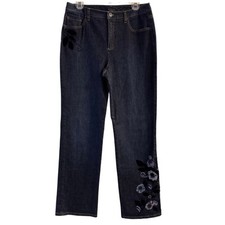 Vintage Talbots Floral Embroidered High Rise Stretch Straight Denim Pant Size 8
