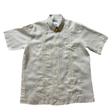 Guayabera Men  s L Linen Shirt Cuban Resort Tropical 4 Pocket Ivory Wedding Beach