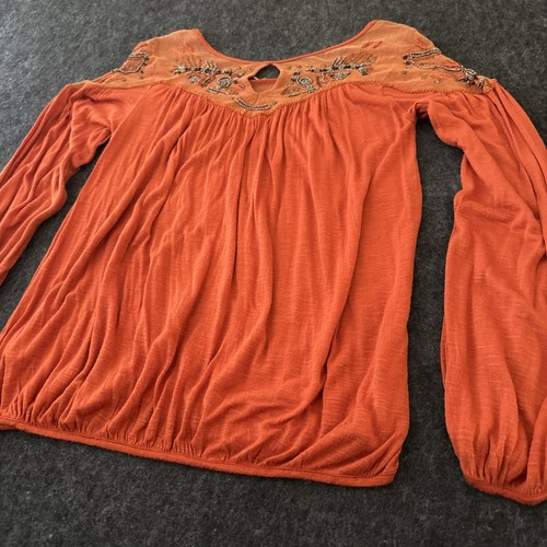 Free People Med Rust Orange Top Beaded Flowy Elastic Waist Boho Hippie Bamboo Sm - Picture 16 of 18