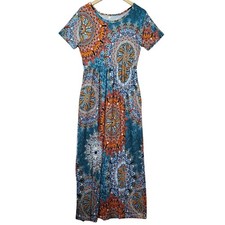 Womens Teal Orange Mandala Print Short Sleeve Maxi Dress Size L Bohemian Boho