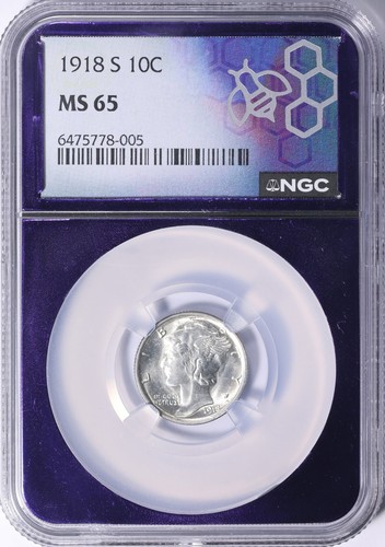 1918-S Mercury Dime : NGC MS65  Purple Bee Holder