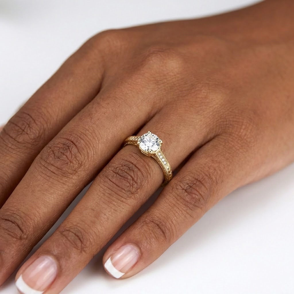 Engagement Ring Vintage 14K Yellow Gold 1.34 Carat Round Lab-Grown Diamond F VS1-image