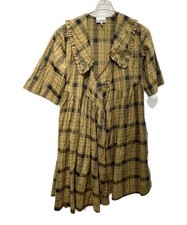 GANNI Peter Pan Collar Check Dress 6369 Beige × Navy 6369