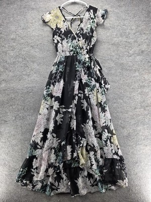 Band Of Gypsies Dress Womens XS Black Floral Wrap Hi Low Maxi Chiffon Boho  | eBay