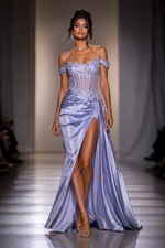 Lavender Lace Corset Prom Dress Off Shoulder Satin Formal Gown Slit