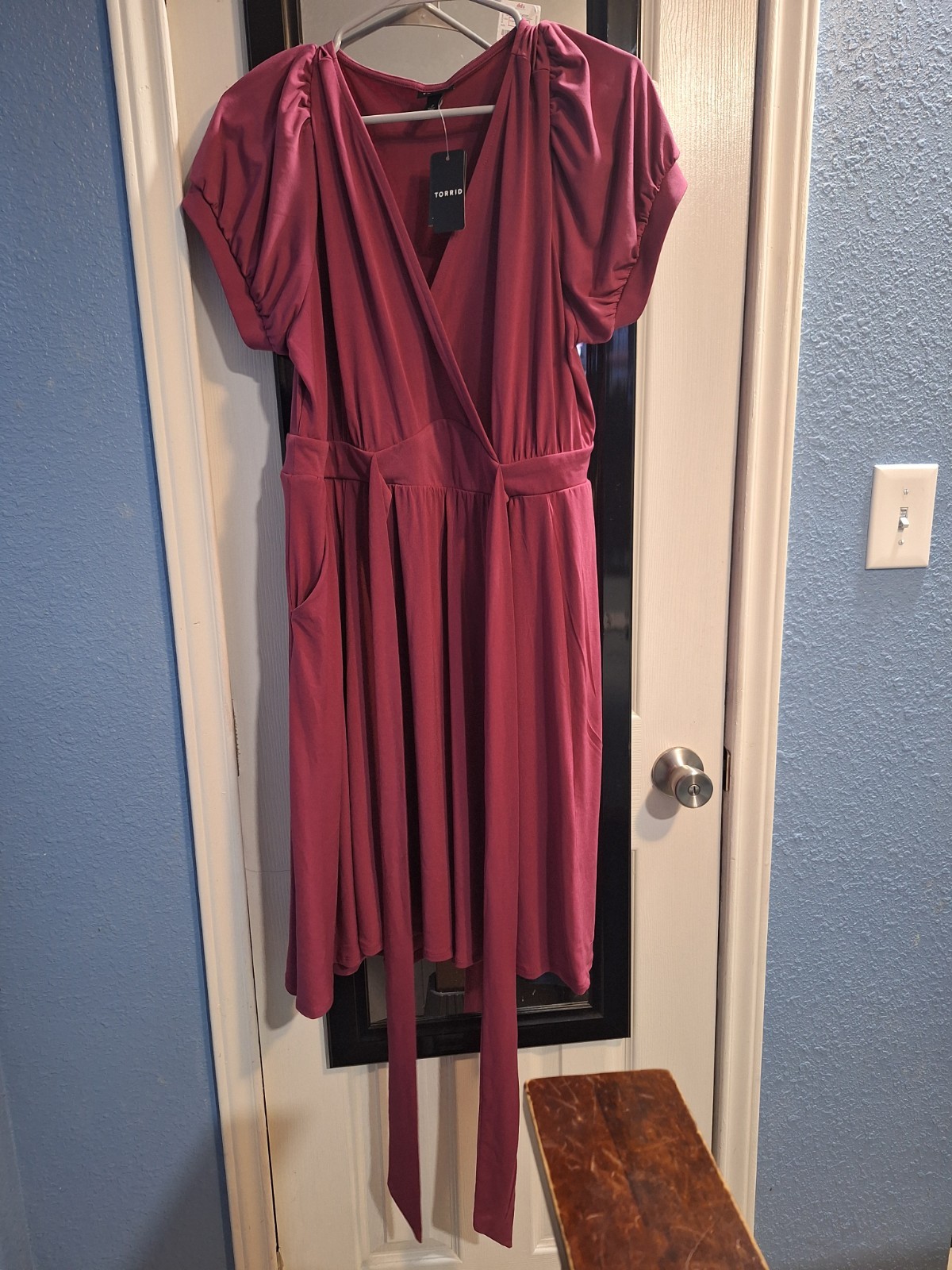Torrid Purple Plus 2X V-Neck Puff Short Sleeve Short Dress Pockets Tie Belt