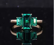 Three Gemstone Ring Emerald Cut Lab Created Emerald Wedding Ring In 925 Sterling