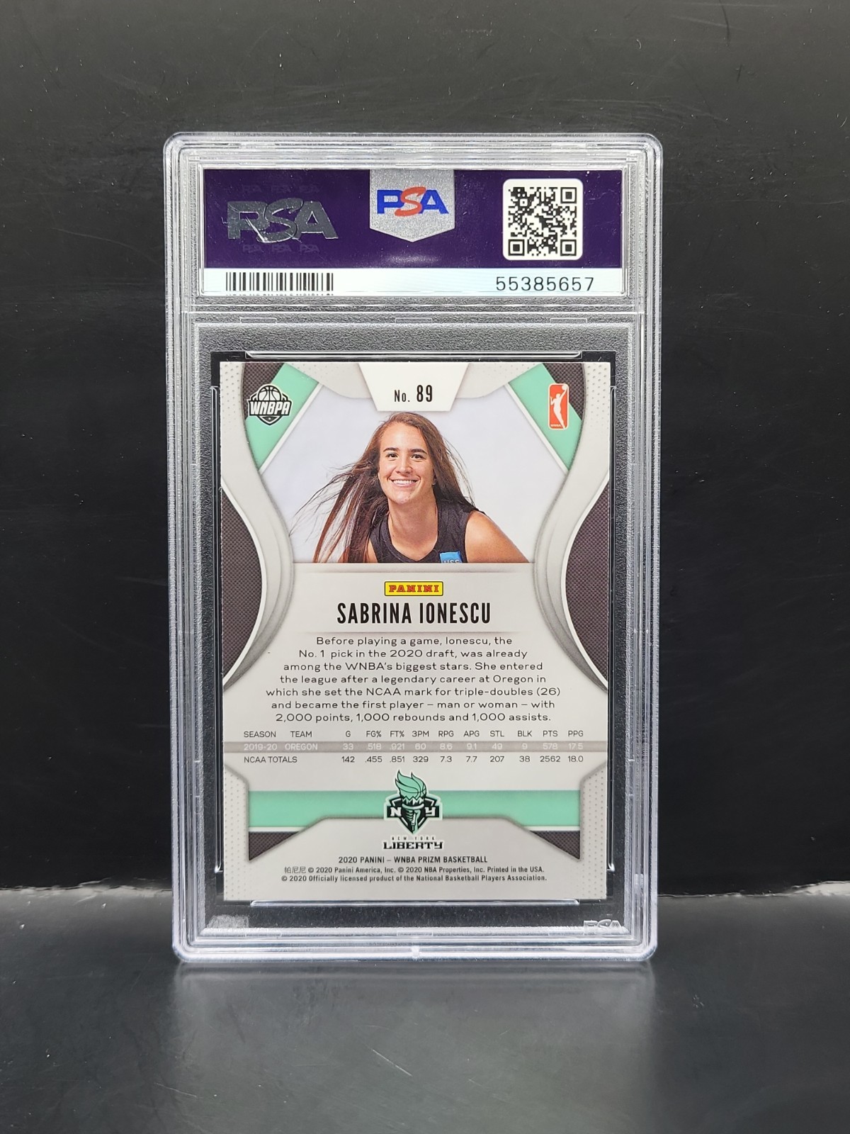 2020 Panini Prizm WNBA #89 Sabrina Ionescu RC PSA 10 Liberty Future HOF view 2
