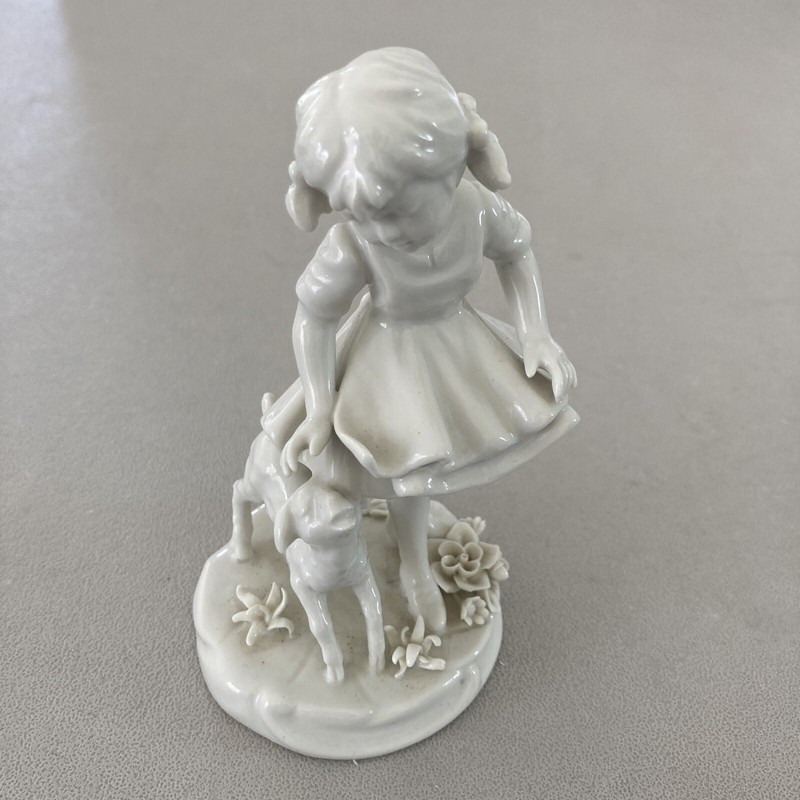 Vintage Porcelain Girl and Lamb Figurine Sculpture White 5.75” Excellent