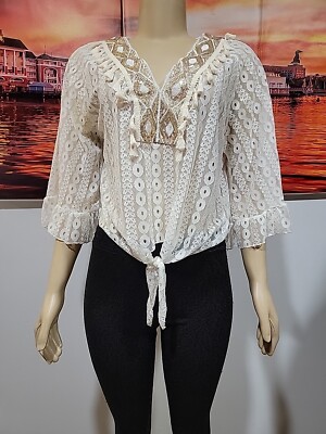 Pretty Wind Made In Italy Lace Top Blouse With Sequins & Tassels  Tie Front #C