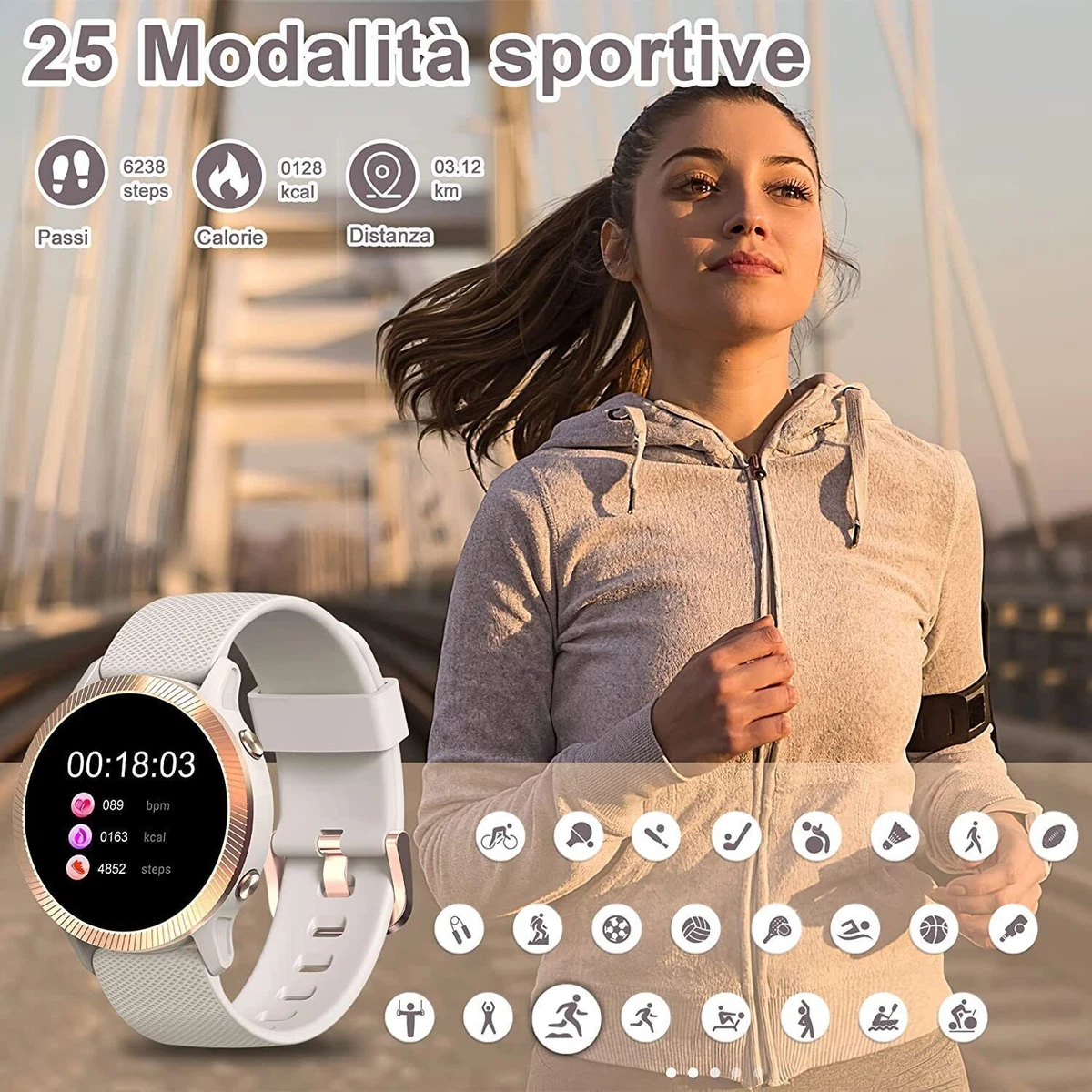 Smartwatch Donna Orologio Fitness Tracker con Cardiofrequenzimetro  Contapassi